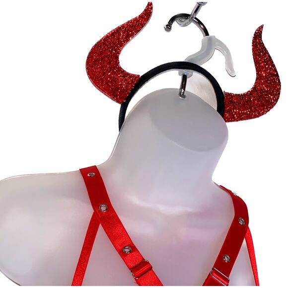 New‎ Medium Lace Up Corset Vegan Leather Latex Red Devil Halloween Costume Set - Picture 5 of 7